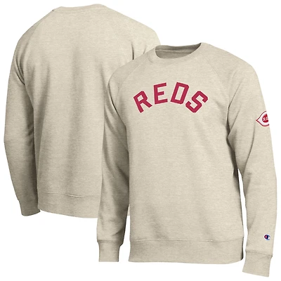 Men's Champion Oatmeal Cincinnati Reds All-Star Soft Felt Raglan Sweatshirt