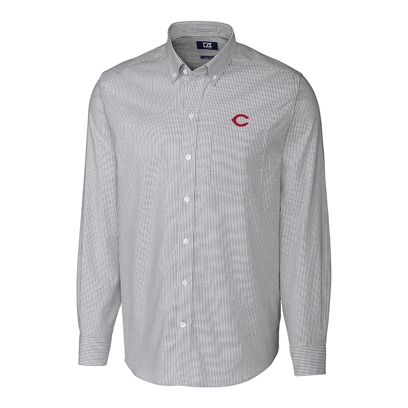 Chemise boutonnée à manches longues et rayures en tissu Oxford extensible pour homme, couleur anthracite, des Reds de Cincinnati, grande taille.