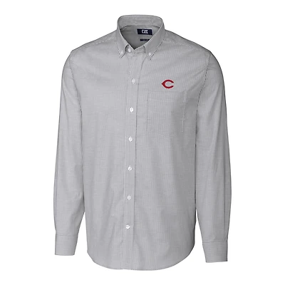 Chemise boutonnée à manches longues et rayures en tissu Oxford extensible pour homme, couleur anthracite, des Reds de Cincinnati, grande taille.