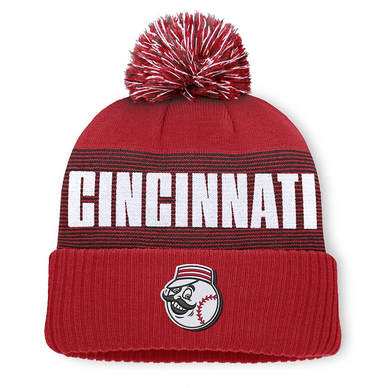 Men's Fanatics Red Cincinnati Reds Striate Cuffed Knit Hat with Pom