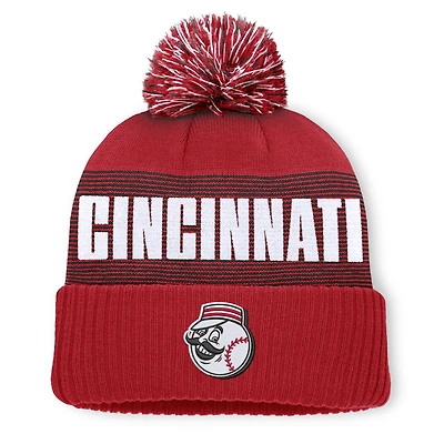 Men's Fanatics Red Cincinnati Reds Striate Cuffed Knit Hat with Pom