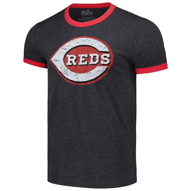 T-shirt à trois mélanges Majestic Threads pour hommes, noir, Cincinnati Reds Ringer