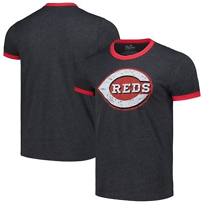 T-shirt à trois mélanges Majestic Threads pour hommes, noir, Cincinnati Reds Ringer