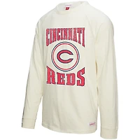 T-shirt à manches longues flammé avec logo arqué Mitchell & Ness pour homme, couleur crème, des Cincinnati Reds