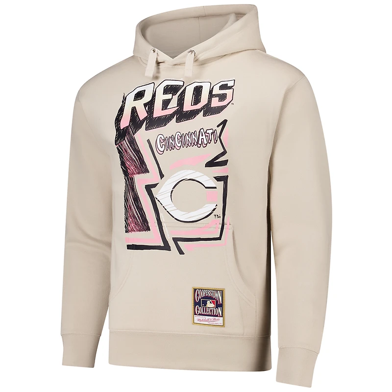 Men's Mitchell & Ness Cream Cincinnati Reds Sidewalk Sketch Pullover Hoodie