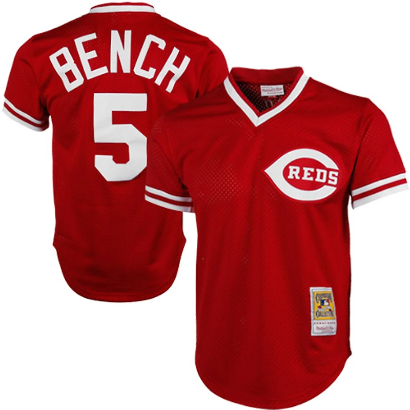 Mitchell & Ness Johnny Bench Rouge Cincinnati Reds 1983 Authentique Maillot d'entraînement au bâton en maille de la collection Cooperstown pour hommes