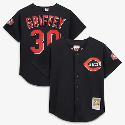 Maillot d'entraînement à la batte en maille boutonné Mitchell & Ness Ken Griffey Jr. noir des Reds de Cincinnati, collection Cooperstown, pour homme