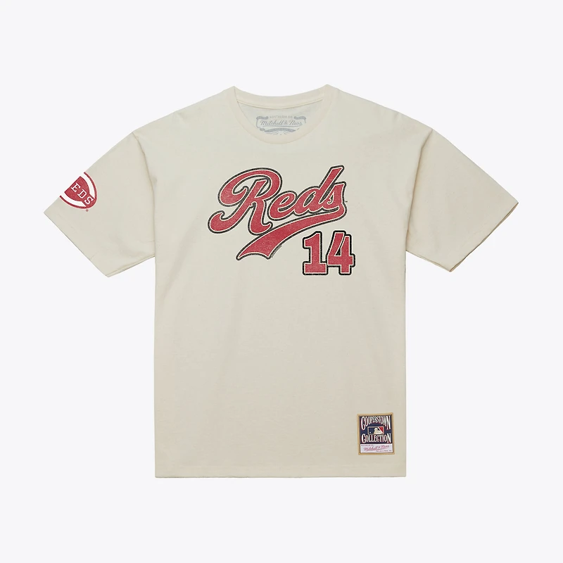 Men's Mitchell & Ness Pete Rose Cream Cincinnati Reds Cooperstown Collection Throwback Name Number T-Shirt