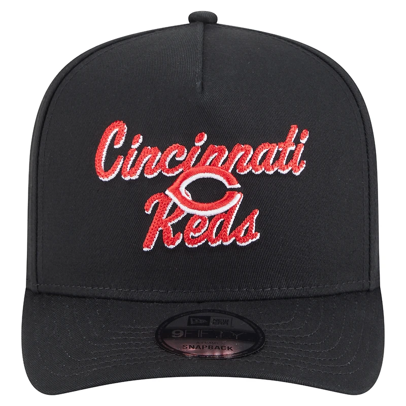 Men's New Era Black Cincinnati Reds Chainstitch 9FIFTY A-Frame Snapback Hat