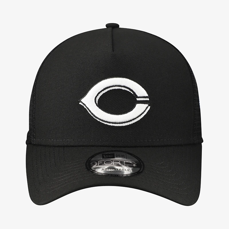 Casquette trucker New Era noire pour homme, logo Cincinnati Reds, modèle 9FORTY, style A-Frame, ajustable.