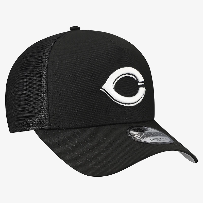 Men's New Era Black Cincinnati Reds Side Script 9FORTY A-Frame Trucker Adjustable Hat