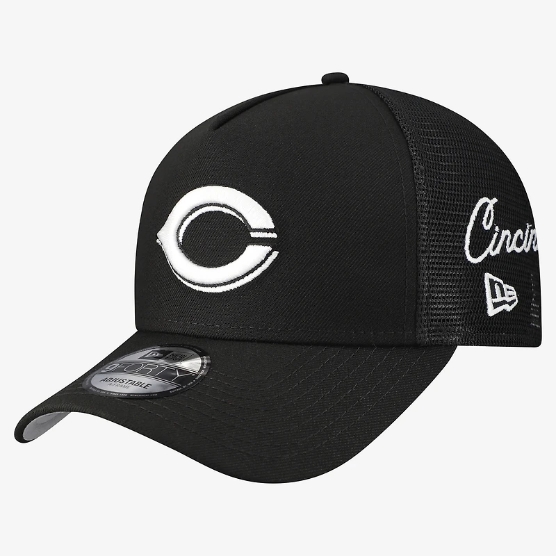 Men's New Era Black Cincinnati Reds Side Script 9FORTY A-Frame Trucker Adjustable Hat
