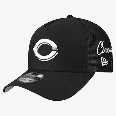 Men's New Era Black Cincinnati Reds Side Script 9FORTY A-Frame Trucker Adjustable Hat
