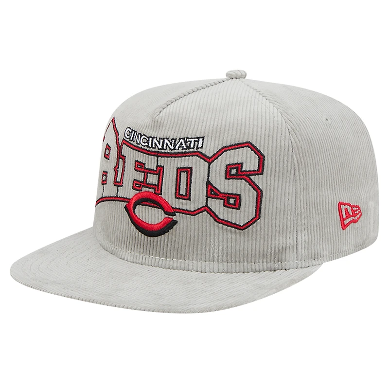 Casquette de golf à visière snapback en velours côtelé gris Cincinnati Reds de New Era pour homme