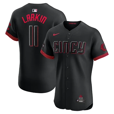 Maillot de joueur d'élite Nike Barry Larkin noir pour homme des Reds Cincinnati City Connect avec écusson