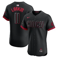 Maillot de joueur d'élite Nike Barry Larkin noir pour homme des Reds Cincinnati City Connect avec écusson