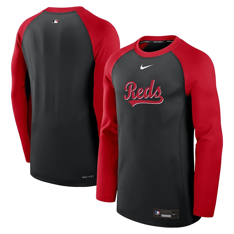 T-shirt à manches longues Nike Authentic Collection Game Time Raglan Dri-FIT pour homme, noir et rouge, des Reds de Cincinnati.