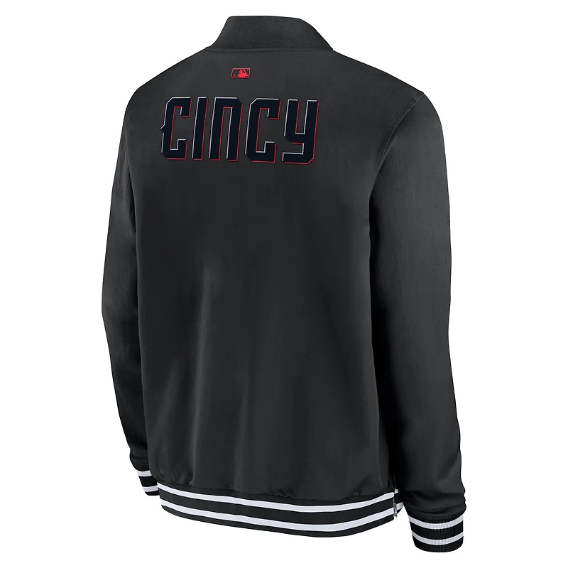 Veste aviateur entièrement zippée Nike City Connect pour homme, collection authentique des Reds de Cincinnati, noire