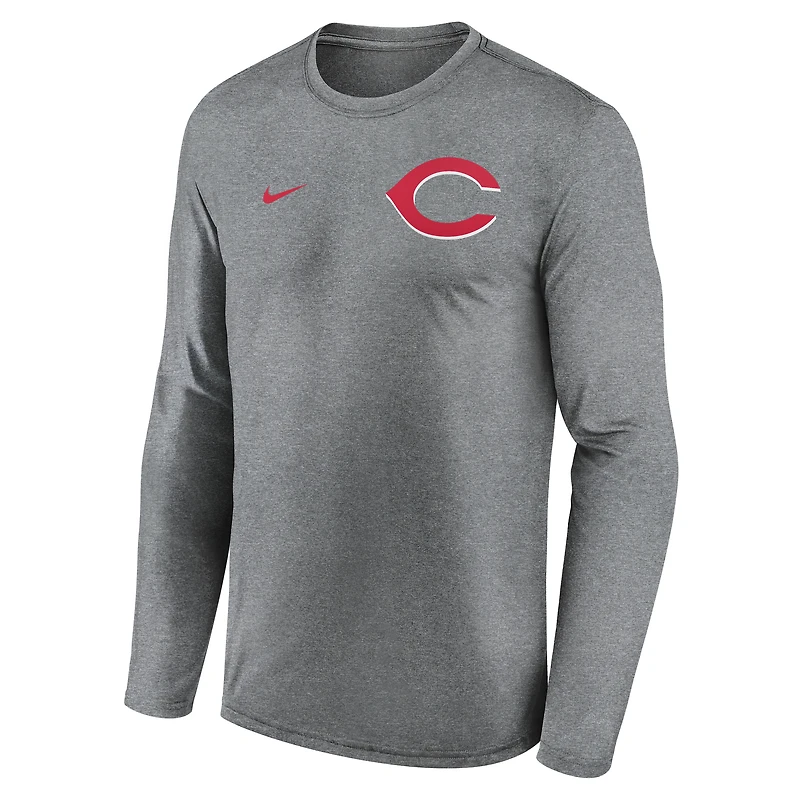 T-shirt à manches longues Nike Dri-FIT 2-Hit Legend pour homme, anthracite chiné, des Reds de Cincinnati