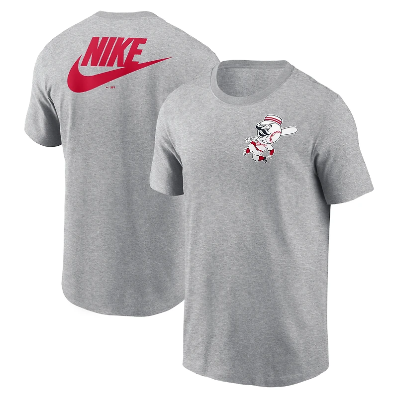 T-shirt Nike gris chiné pour homme, collection Cooperstown, avec grand logo 2-Hit des Cincinnati Reds