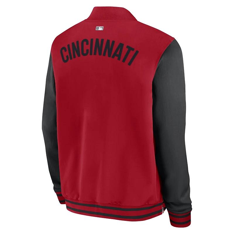 Veste aviateur Nike rouge/noir pour homme, collection authentique des Reds de Cincinnati, coupe décontractée, entièrement zippée.