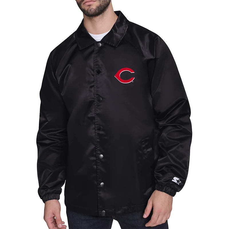 Veste d'entraîneur Starter noire pour homme, logo rétro des Reds de Cincinnati, style raglan, fermeture à boutons-pression.