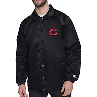 Veste d'entraîneur Starter noire pour homme, logo rétro des Reds de Cincinnati, style raglan, fermeture à boutons-pression.