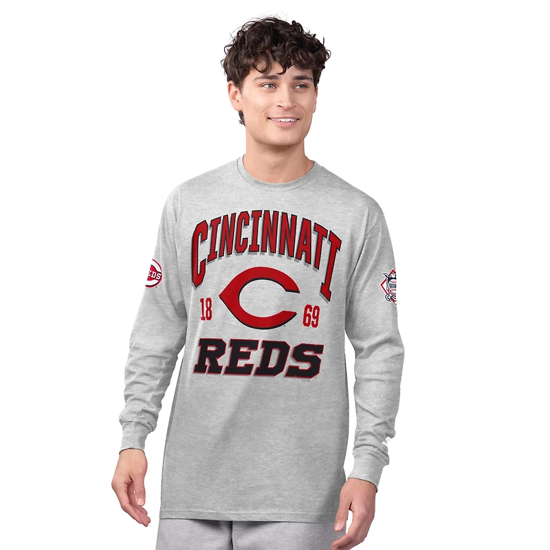 Ensemble de deux t-shirts à manches longues et courtes Starter pour homme, gris chiné/rouge, Cincinnati Reds