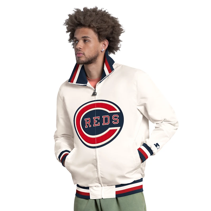 Men's Starter White Cincinnati Reds The Captain Cooperstown Logo Full-Zip Varsity Jacket