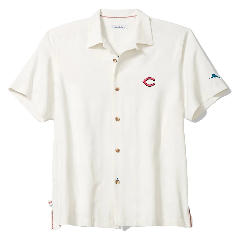 Men's Tommy Bahama White Cincinnati Reds Island Fly Ball Camp COOLMAX Tri-Blend Button-Up Shirt