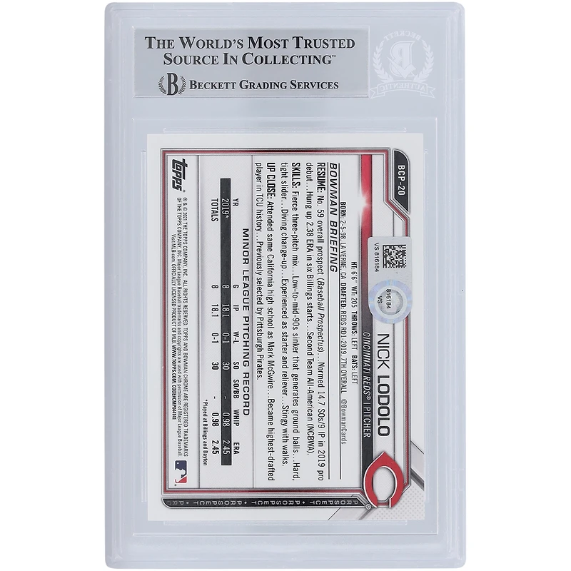 Nick Lodolo des Cincinnati Reds a autographié la carte de recrue authentifiée Bowman Chrome Prospects #BCP-20 2021 de Beckett Fanatics
