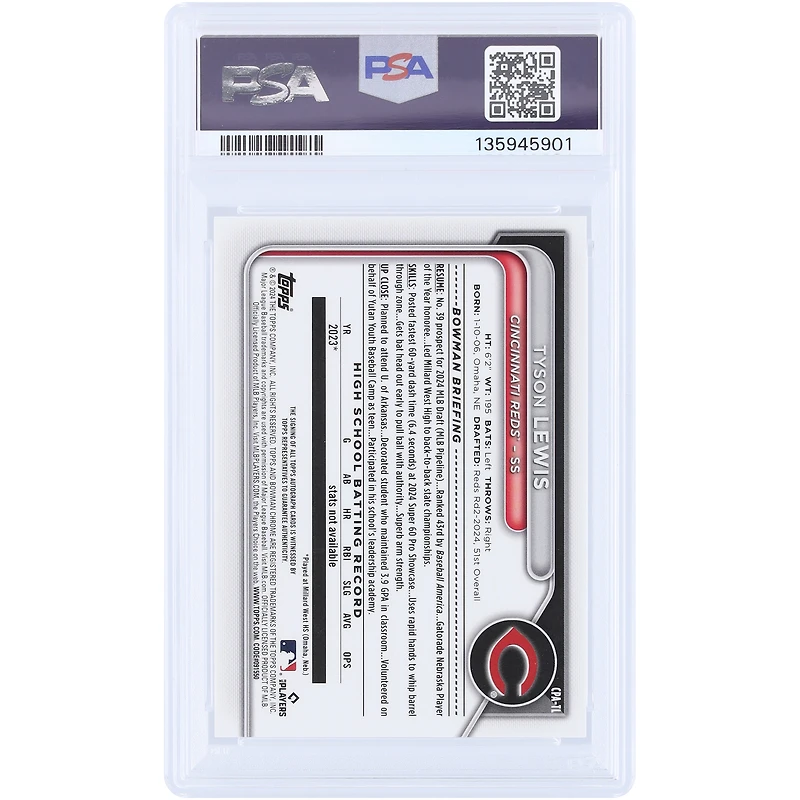 Carte de collection Bowman Chrome 1ère édition Bowman Popcorn Refractor 2024 autographiée par Tyson Lewis (Reds de Cincinnati) #CPA-TL #5/5, authentifiée par PSA (numéro 9).