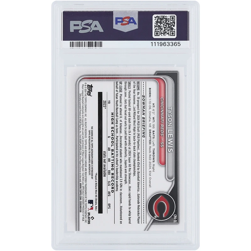 Tyson Lewis Cincinnati Reds Autographié 2024 Bowman Chrome Sapphire 1er Bowman Vert #CPA-TL #43/99 PSA Authentifié 10 Carte