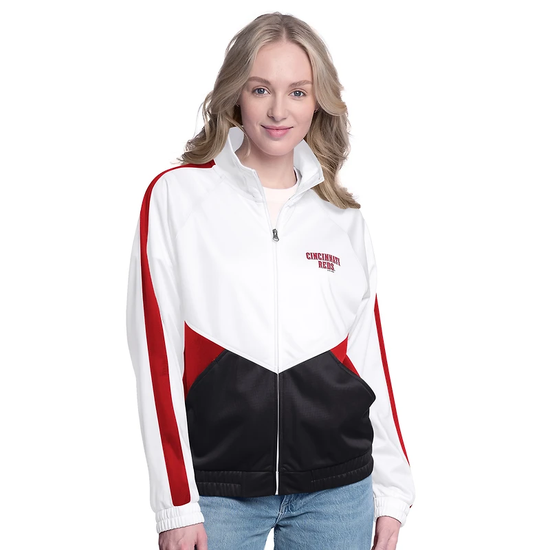 Women's G-III Sports by Carl Banks  White/Red Cincinnati Reds Rally Rhinestone Raglan Full-Zip Track Jacket