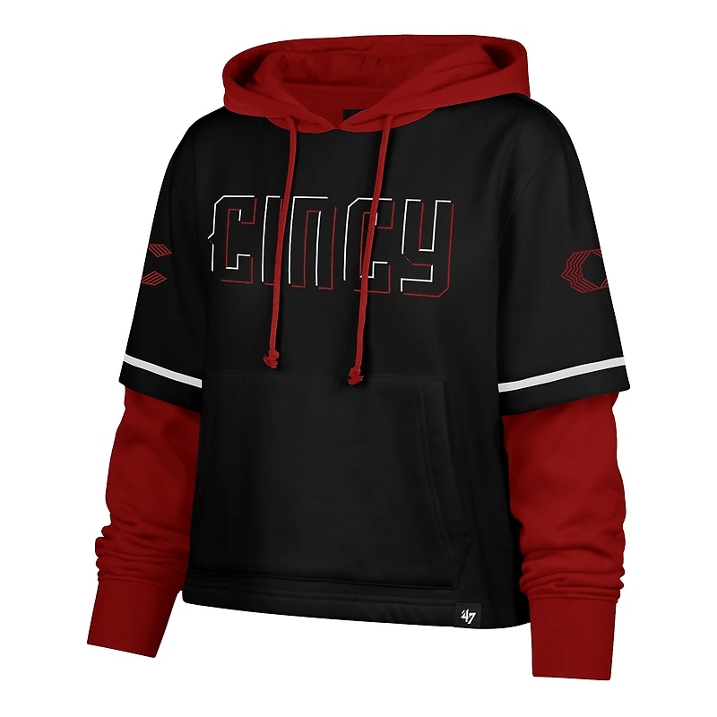 Women's '47  Black Cincinnati Reds City Connect Shortstop Cropped Pullover Hoodie