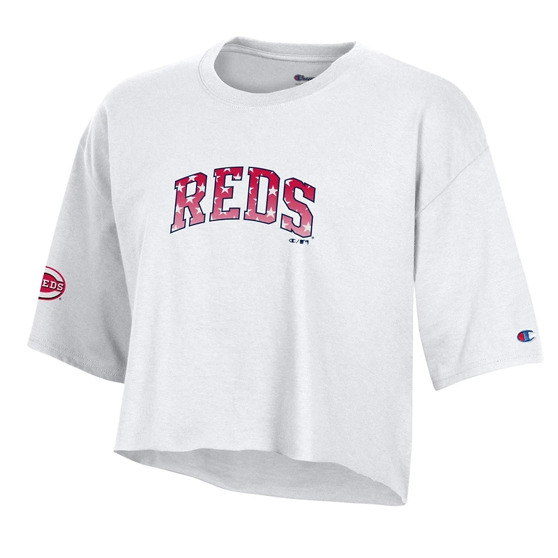 Women's Champion  White Cincinnati Reds Boyfriend Cropped Americana T-Shirt