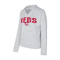 Women's Concepts Sport White/Gray Cincinnati Reds Liftoff Striped V-Neck Hoodie