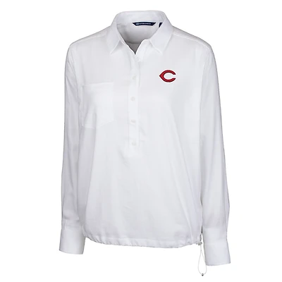 Chemise à manches longues en sergé Windward pour femme, blanche, des Cincinnati Reds, Cutter & Buck