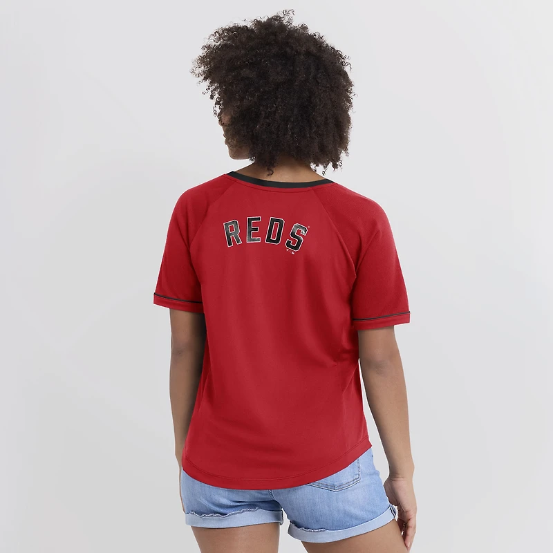 Women's Fanatics Red Cincinnati Reds Cooperstown Collection League Diva Raglan V-Neck T-Shirt