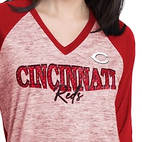 T-shirt d'entraînement de vitesse G-III 4Her pour femmes par Carl Banks, rouge chiné, Cincinnati Reds, manches 3/4, col en V orné strass