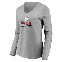 Women's  Gray Cincinnati Reds Evanston Stencil Long Sleeve V-Neck T-Shirt