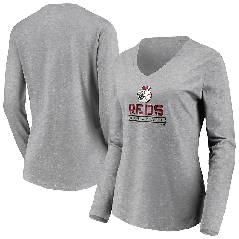 T-shirt gris à manches longues et col en V pour femme des Reds de Cincinnati Evanston Stencil