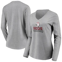 T-shirt gris à manches longues et col en V pour femme des Reds de Cincinnati Evanston Stencil