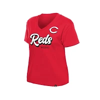 T-shirt à col en V rouge New Era pour femmes, des Reds de Cincinnati