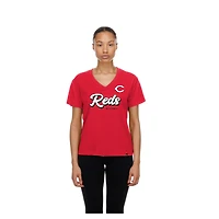 T-shirt à col en V rouge New Era pour femmes, des Reds de Cincinnati