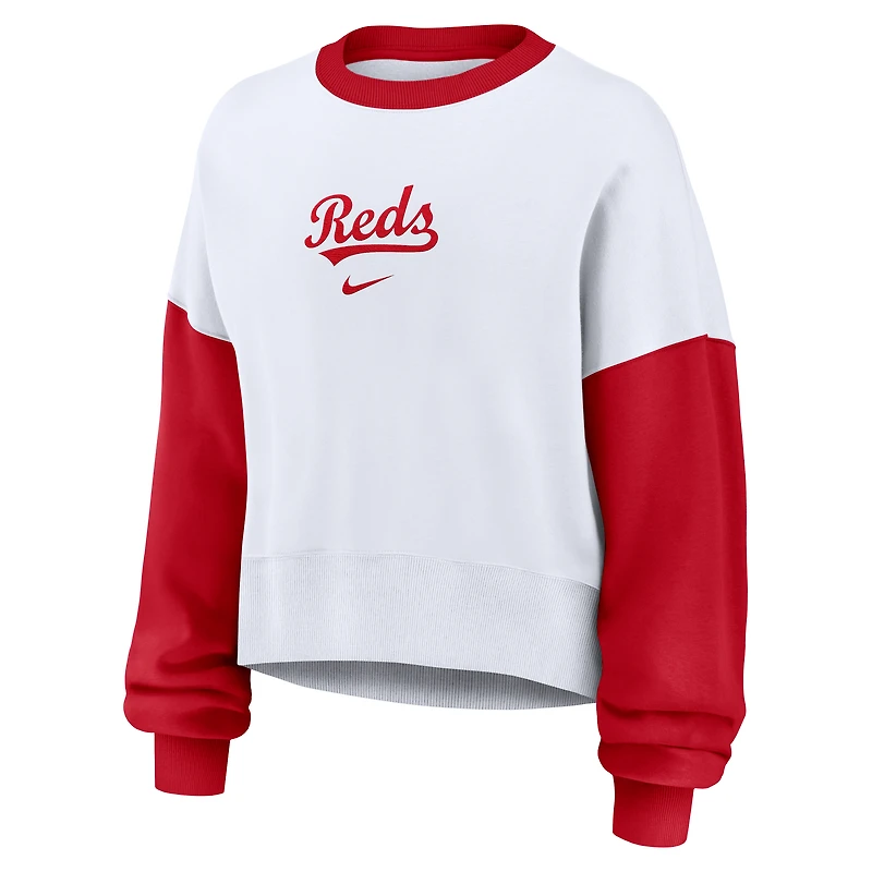 Women's Nike White/Red Cincinnati Reds Oversized High Hip Fleece Sweatshirt