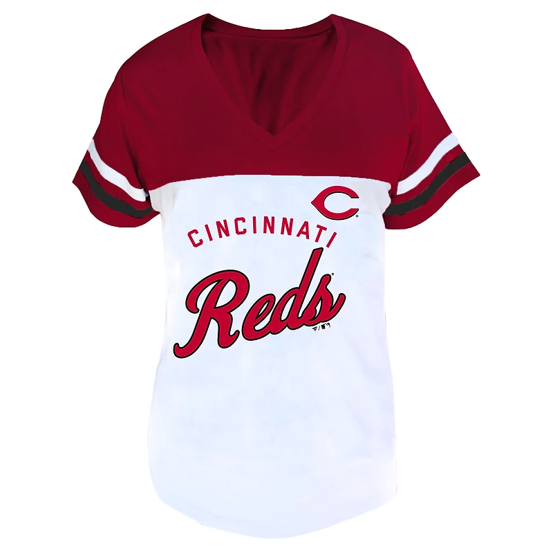 Women's Profile White/Red Cincinnati Reds Plus Two-Stripe V-Neck T-Shirt