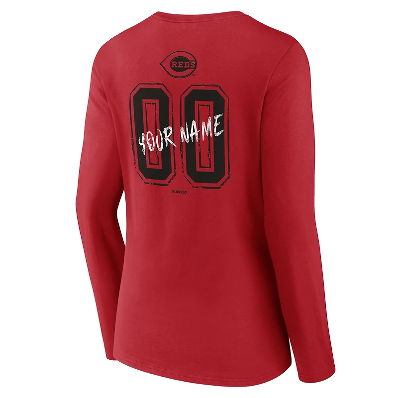 T-shirt à manches longues et col en V personnalisé avec nom numéro des Reds de Cincinnati pour femmes
