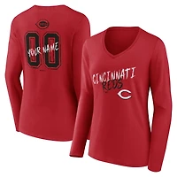 Women's Red Cincinnati Reds Hustle Personalized Name & Number Long Sleeve V-Neck T-Shirt