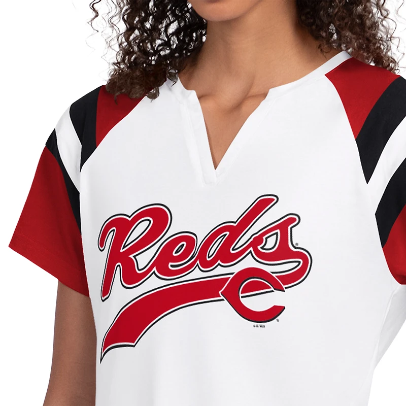 T-shirt raglan à col cranté Starter blanc pour femme, Cincinnati Reds Game On